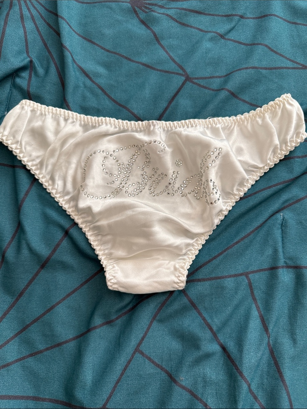 Victoria's Secret White Satin Wedding Bells Bride Bikini Panty with Blue Tie